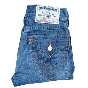 True Religion Jeans Size 30 TRASHED Orange Stitch Denim Blue